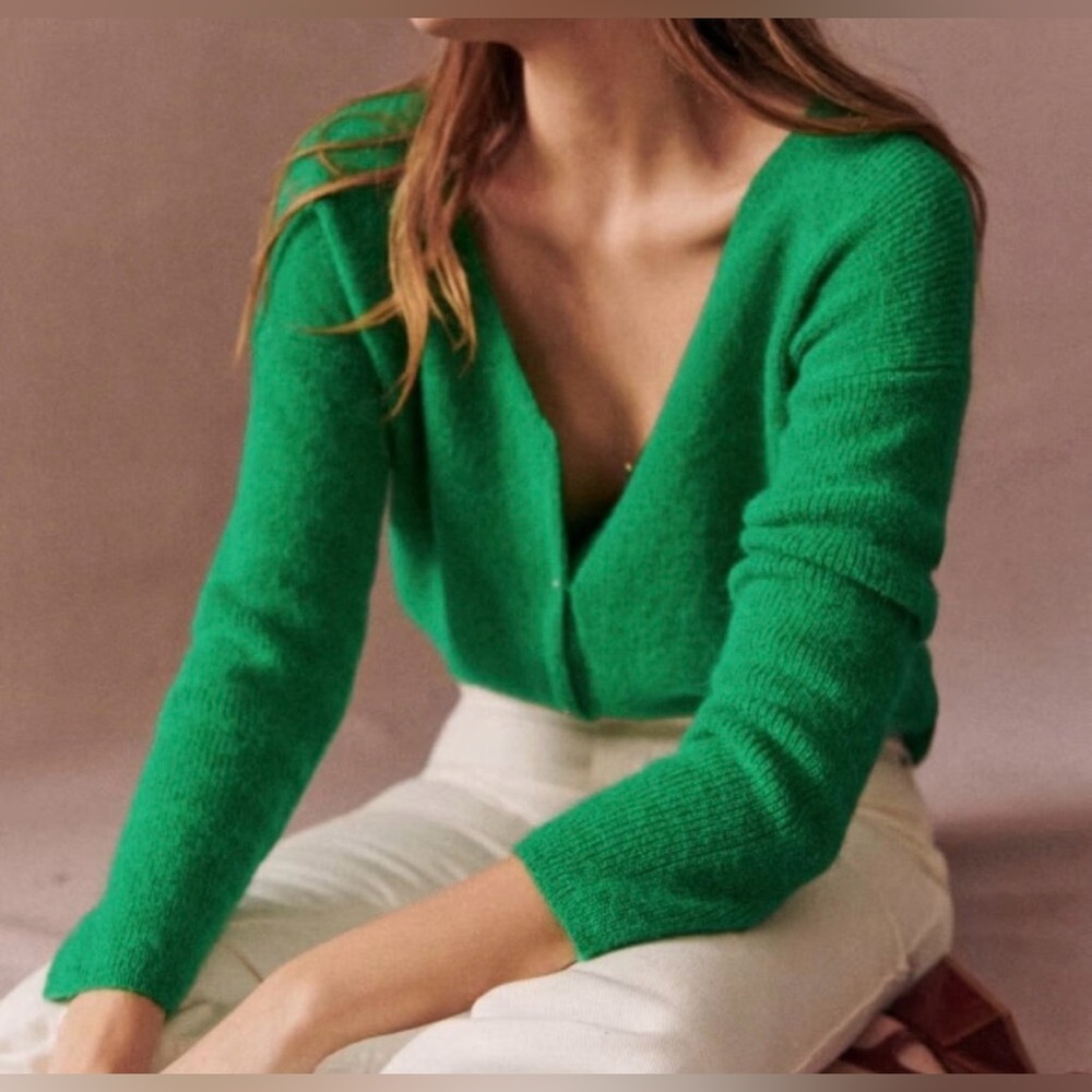 SEZANE Mohair Alpaca Blend Cardigan Sweater Bright Green Small EUC - Picture 2 of 8